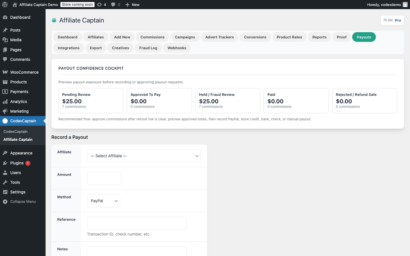 WooCommerce affiliate payout review with held, approved, rejected, and paid commissions