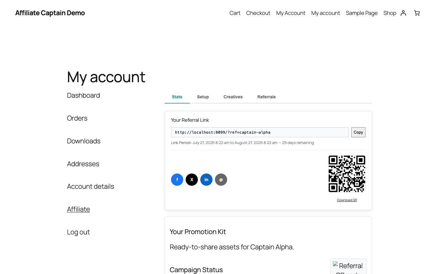 Affiliate portal showing WooCommerce referral links, campaign assets, earnings, and performance